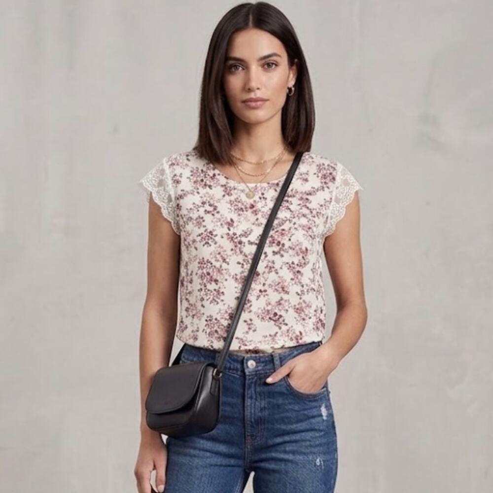 SHEIN Cream & Pink Garden Floral Sleeveless Lace V-Back Tie Blouse Top Medium